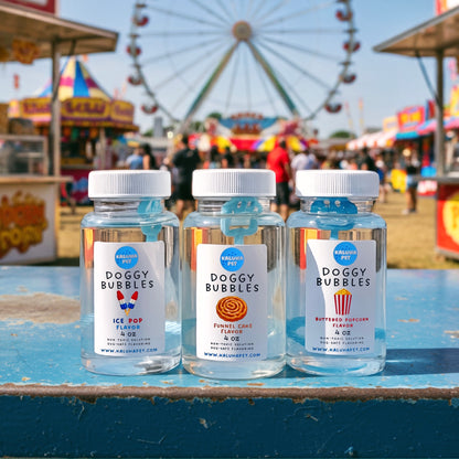 Summer Carnival Trio: Non-Toxic Doggy Bubbles — Funnel Cake, Ice Pop, Buttered Popcorn