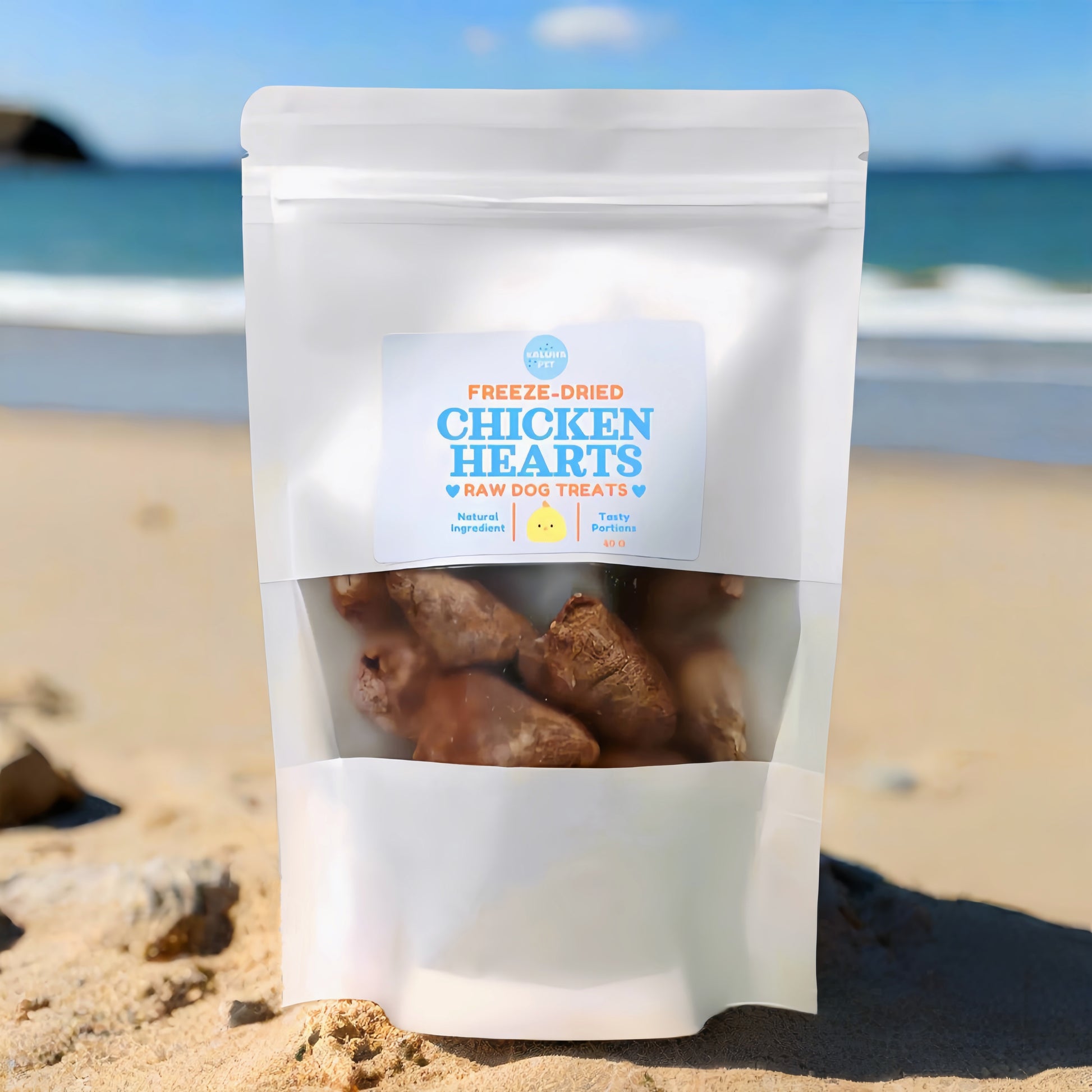 Chicken heart dog treat pouch on the beach