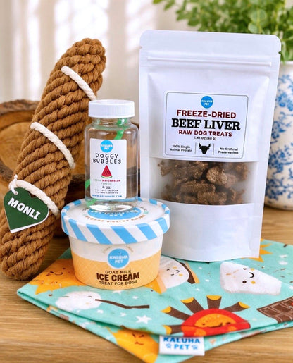 Gift-A-Picnic Dog Box | Personalized Dog Gift Basket | Goat Milk Ice Cream, Dog Bubbles, Treats & Custom Bandana | Dog Mom Gift