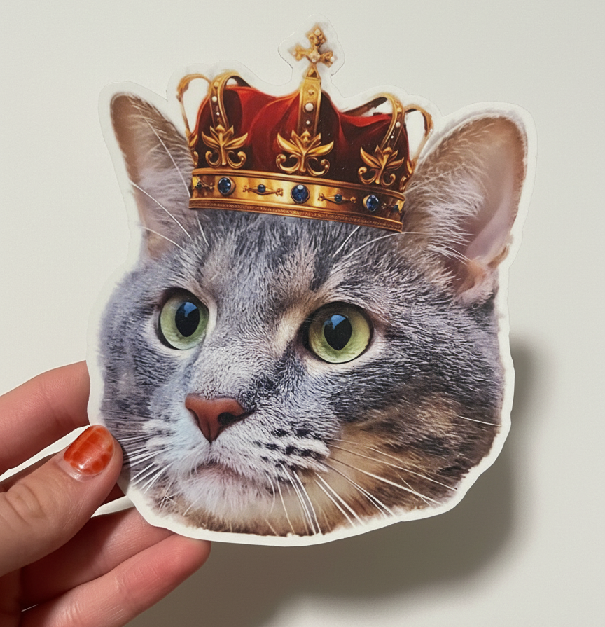 Cat sticker with a crown held by a hand on a light background