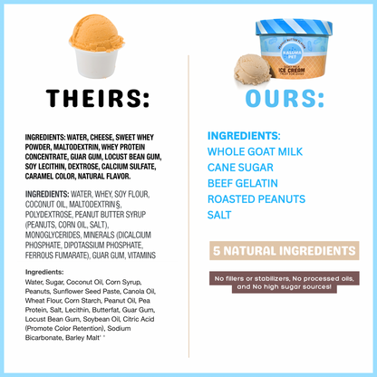 Comparison chart of typical, unhealthy dog ice cream ingredients between 'THEIRS' and 'OURS'.