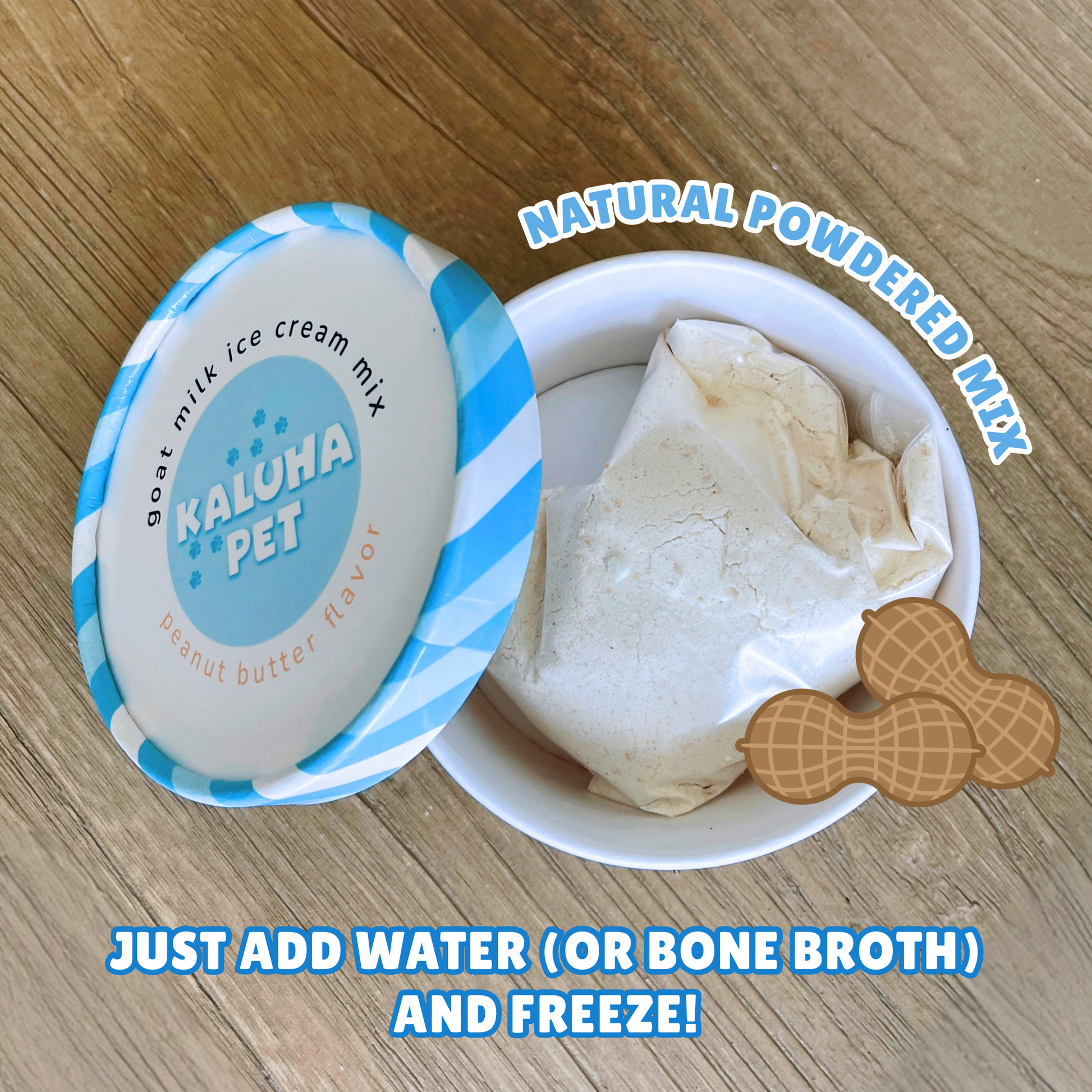 Kaluha Pet goat milk ice cream mix container, showing the powdered mix inside.
