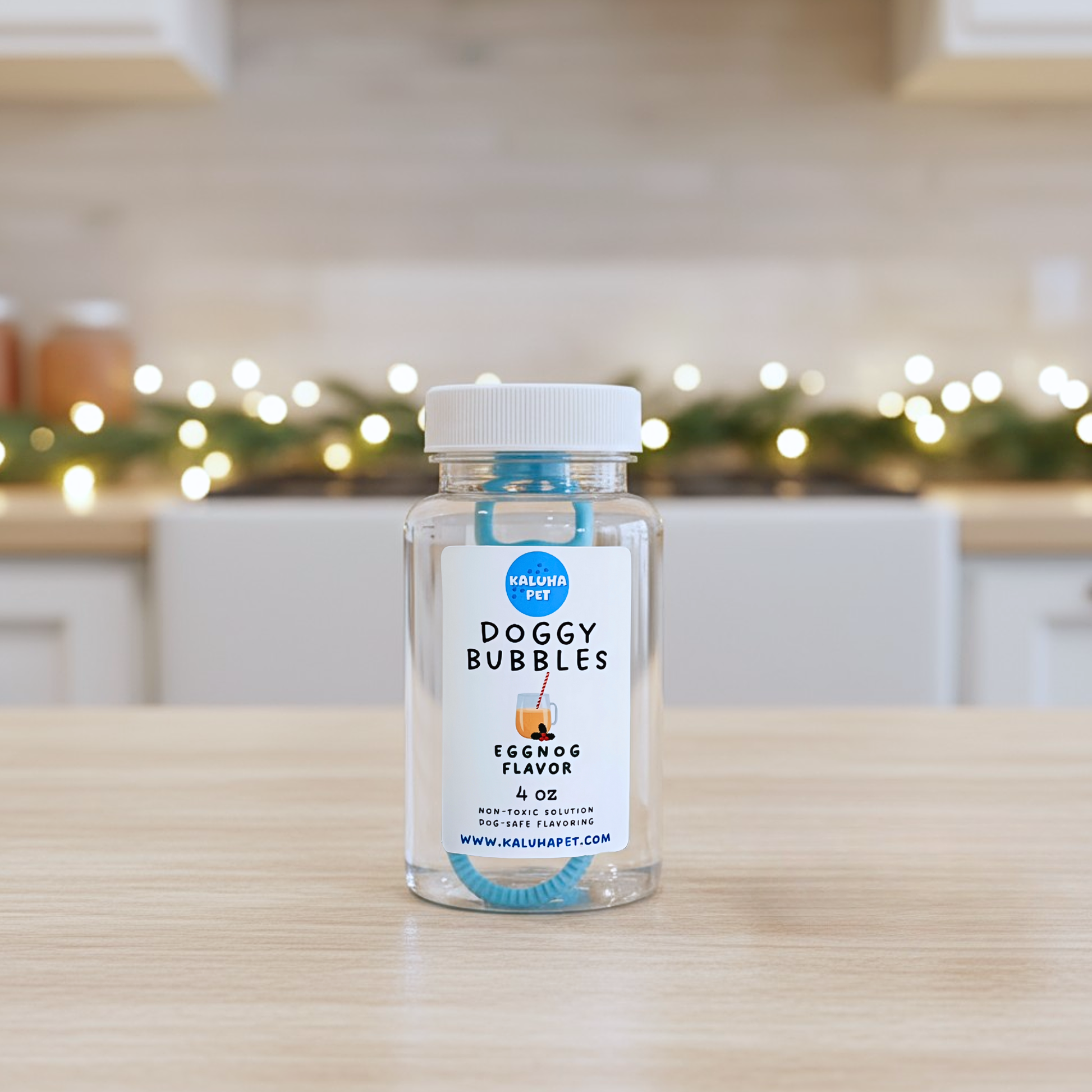 Bottle of 'Doggy Bubbles' in eggnog flavor on a kitchen counter with blurred lights in the background.
