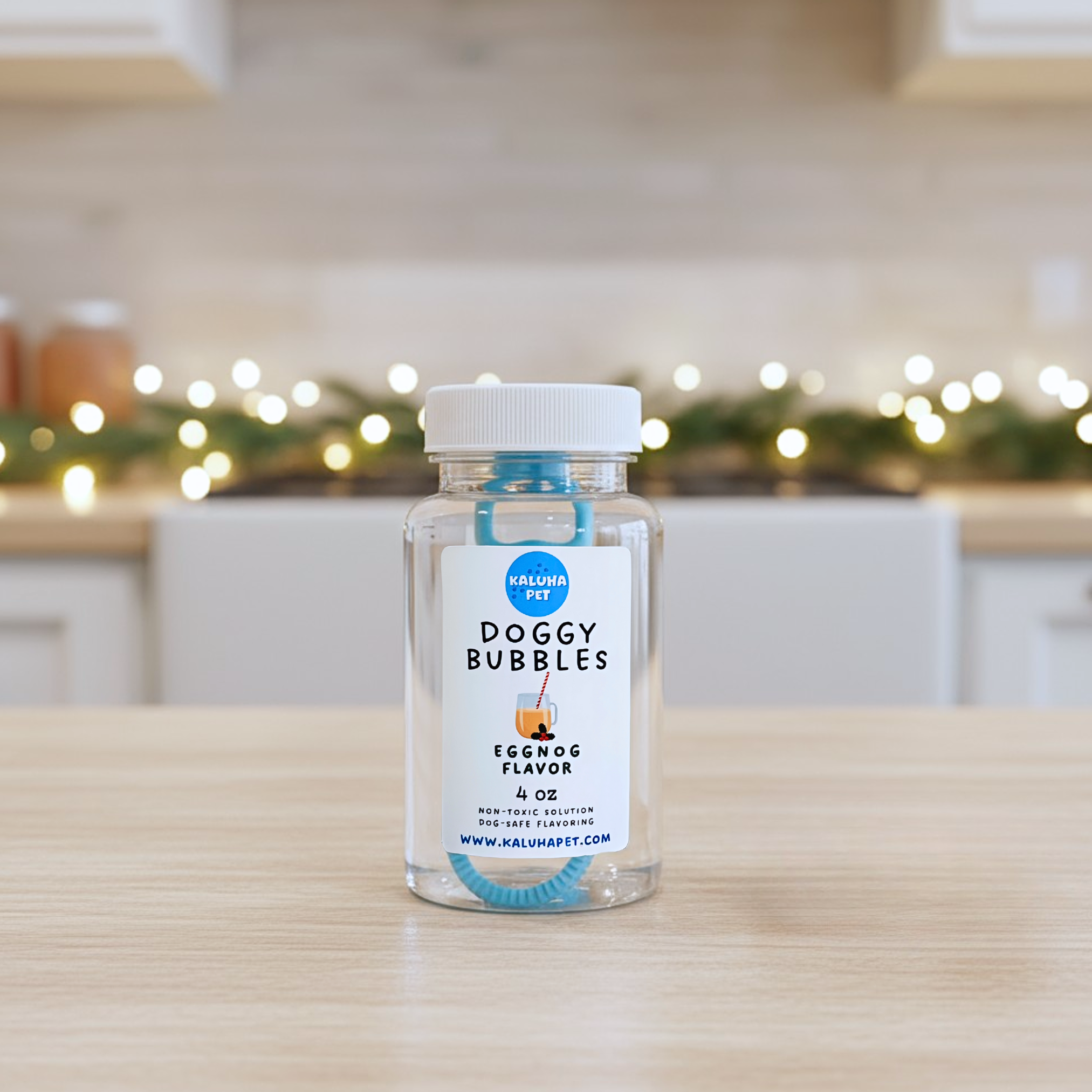 Bottle of 'Doggy Bubbles' in eggnog flavor on a kitchen counter with blurred lights in the background.