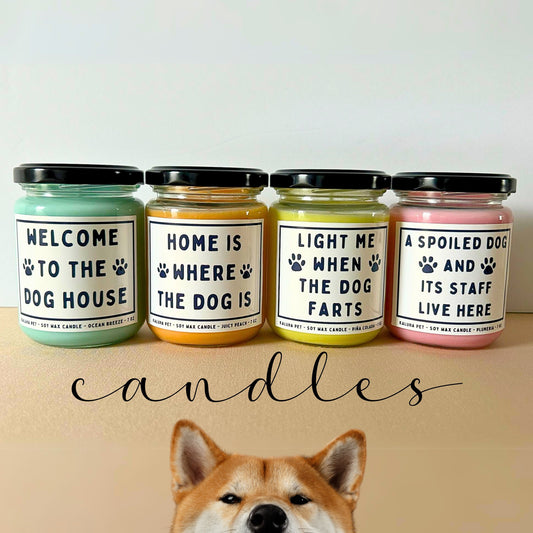 dog owner custom label scented candle. welcome to the dog house candle. home is where the dog is candle. light me when the dog farts candle. a spoiled dog and its staff live here candle. soy wax candle for dog owners. peach, coconut, ocean breeze, plumeria, pina colada, and strawberry scents available. dog owner gift candle.