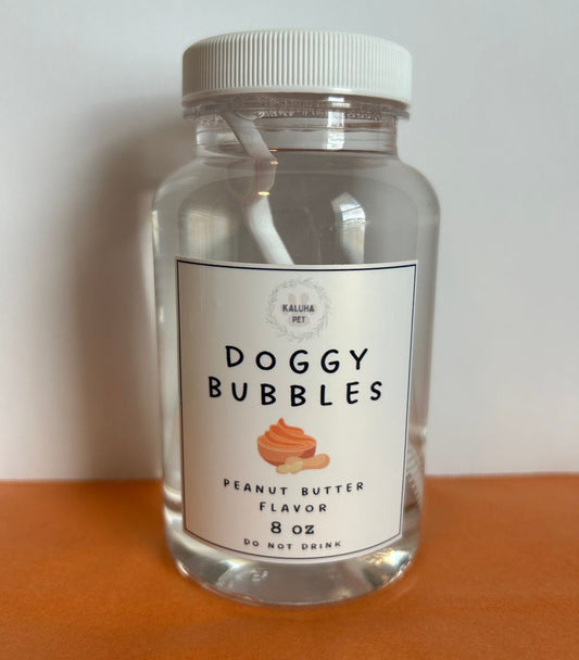 pet safe flavored bubbles. peanut butter and maple bacon. 4 ounces or 8 ounces. paw bubble wand. safe for kids, dogs, and cats. dog enrichment activity. dog toys